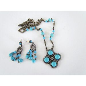Vintage Liz Palacios Necklace Earring Set Turquoise & Rhinestone